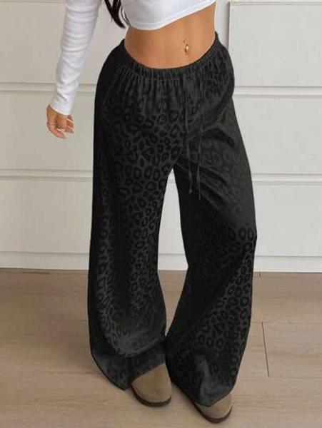 SHEIN EZwear Women's Casual Black Leopard Print Drawstring Waist Loose Wide Leg Pants,Fall