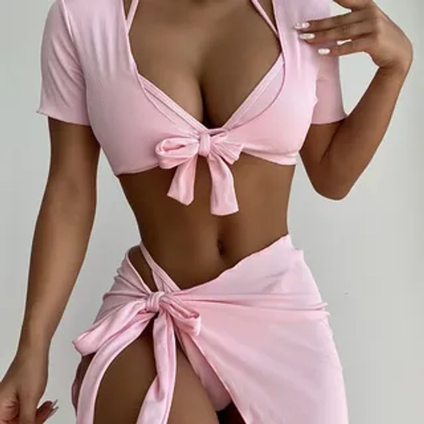 Set: Halter-Neck Bikini + Wrap Swim Skirt + Short-Sleeve Cover Up
