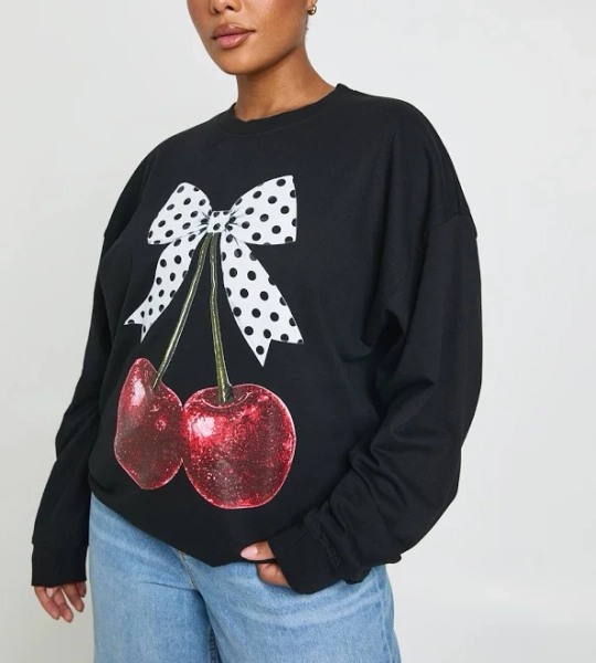 Boohoo Women's Plus Polka Dot Bow Cherry Sweatshirt