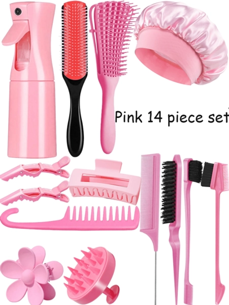 14 Pieces Hair Tool Set, With Spray Bottle And Sleeping Cap, Curling Brush Set, Nine Rows Of Combs, Wide Teeth With Hook Combs, Tail Combs, Double Headed Combs, Massage Combs, 1 Piece/3 Pieces Of Eight Claw Scrub Hairpins Alligator Hairpins Make Your Hair Easier And Faster To Comb In The Shampoo Day, Suitable For Natural Hair, Pink, Black, Purple Suitable For All Hair Wet And Dry, Hair Dryer, Hair Brush, Barber, Barber Accessories, Hairdressing Equipment, Hairstyle, Hairdressing, Barber, Barber Accessories, Barbershop, Hairdressing Equipment