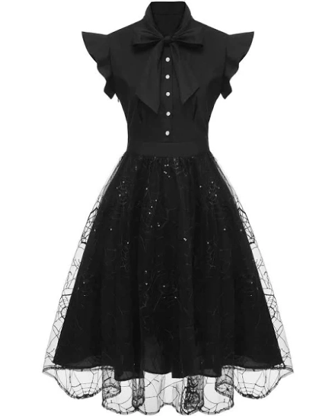 Goth Dress Sleeveless Witch Sequined Spider Mesh Black Dress,S