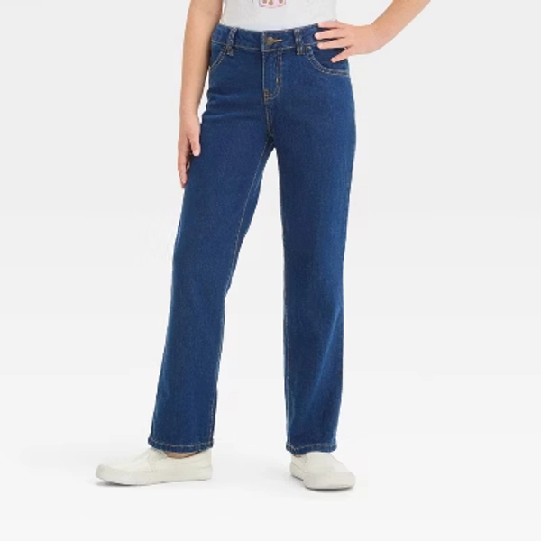 Girls' Mid-Rise Denim Straight Jeans - Cat & Jack™ Dark Wash 14