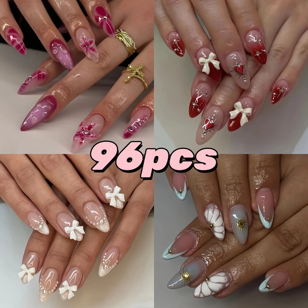 [4pcs High-End Fake Nails] 4 Boxes of 96pcs High-End Almond Short Fake Nails Set | European and American Press-On Nails, Fashionable Cool Classic Versatile Floral Pearl Bow Gradient Water Drop Design, Jelly Gel 4pcs and Nail File 4pcs