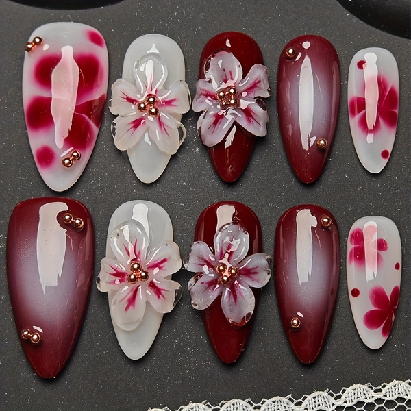 White & Red Gradient Luxury 10pcs Press-On Nails Set - Medium Almond Shape, Glossy Finish, Hand-Painted Relief Floral Design - Beauty & Personal Care, Nail Art Accessories