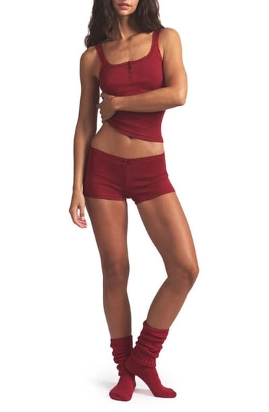 SKIMS Stretch Cotton Rib & Lace Pajamas in Brick at Nordstrom, Size Xx-Small