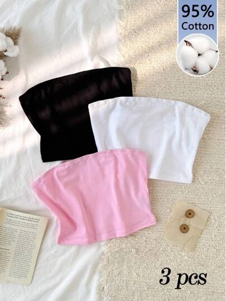 Tseoso 3pcs Casual Solid Color Cropped Camisole Tops, Fitted Summer Wear For Women Suitable For Going Out, Black, White, Pink, 95% Cotton, Vintage, Cute Summer Tops, Softgirl, Summer Outing Items, Home, Back To School, Fall Women Clothes, Versatile, Club, Party Strapless Tops Strapless Shirts Tube Tops Women Cute Tube Tops Tube Tops