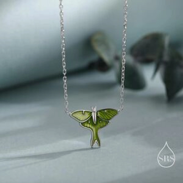 Sterling Silver Green Enamel Lunar Moth Pendant Necklace