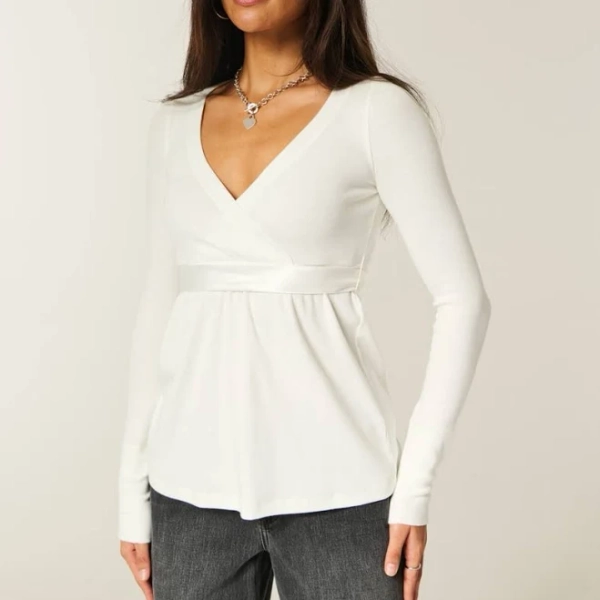 Hollister Women's Easy Long-Sleeve Wrap-Front Babydoll Top