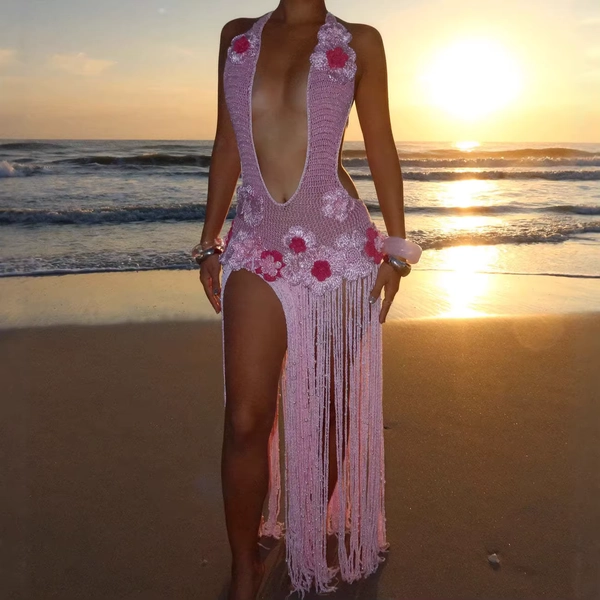 Handmade Knit Tassel Bohemian Crochet Beach Cover-Up Dress Sexy Halter Neck Deep V-Neck Sheer Summer Beach Pool Party Vacation - AliExpress 200000345