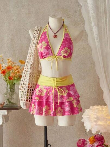 Bellisia Women's Summer Beach Music Festival Flower Print Skirt Halter Casual Vacation Style Bikini 3-Piece Set