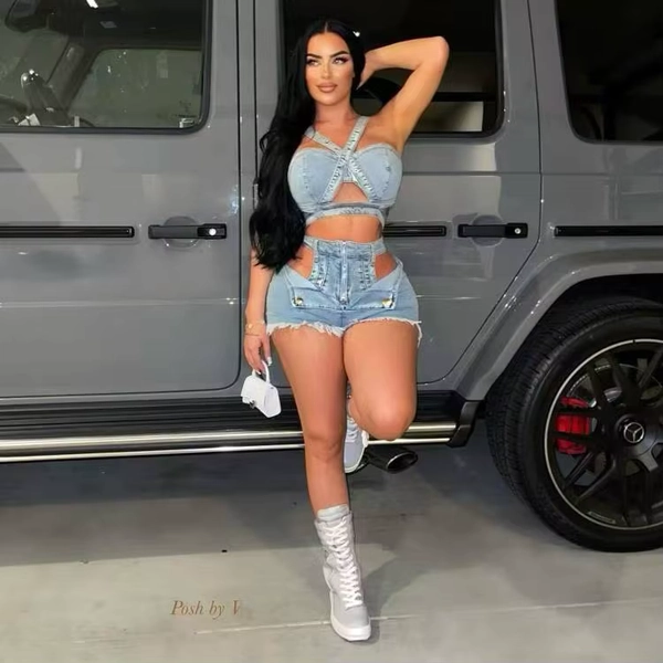 Streetwear Hollow Out Jeans Shorts Outfit Set Sexy Women Elegant Two Pieces Denim Club Matching Set Top+Shorts - AliExpress 200000345