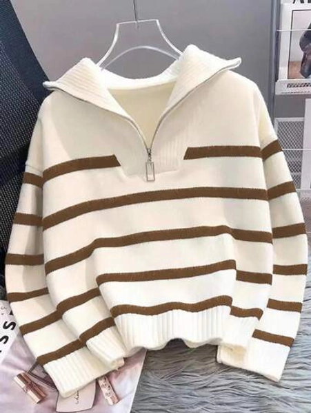 New Autumn/Winter Women Striped Zipper Turtleneck Sweater, Fashion Minimalist Pullover Classic Style,Long Sleeve Tops