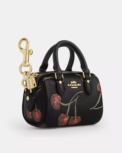 Gold/Black Multi Mini Rowan Bag Charm With Cherry Print