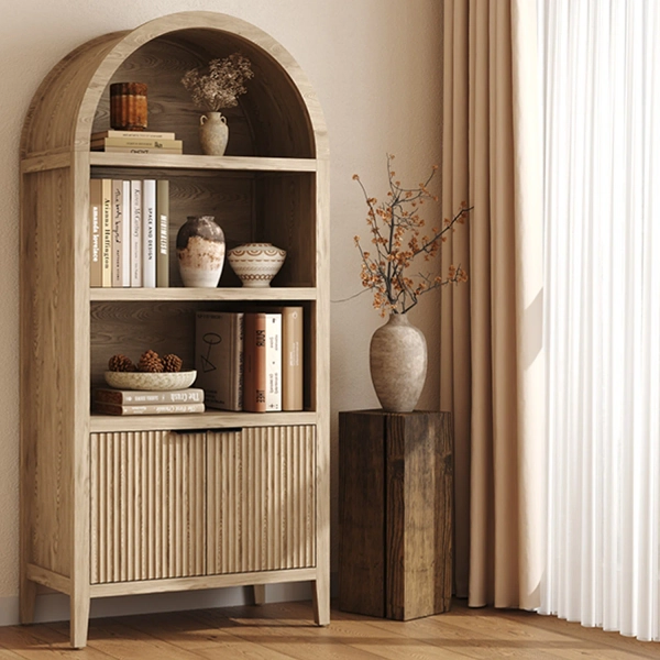 71" Tall  Arched Bookcase with Fluted Doors and Open Shelf