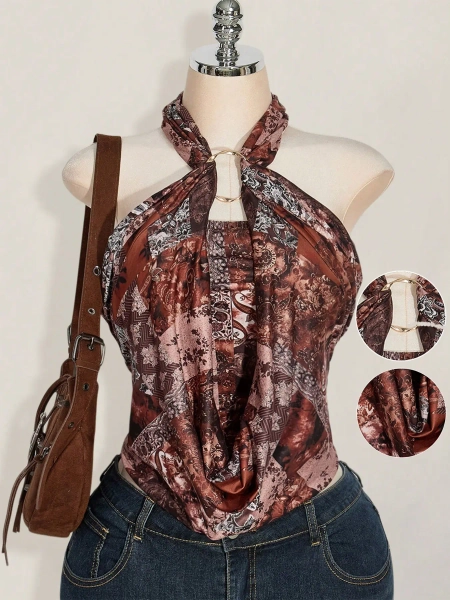 Women's Boho Halter Neck Top, Bohemian Vintage Style Floral Print Sleeveless Blouse, Casual Fitted Top for Beach Vacation, Party Wear, Floral Print Camisoles