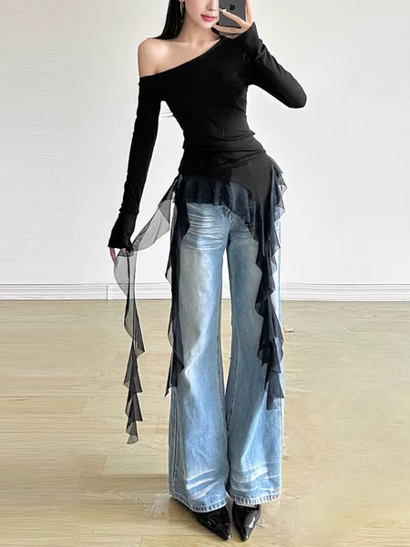 Ruffles Tassel Off shoulder Long sleeve T shirt Women Sweet Gentle Streetwear Party Basic Top Tees Shirt Sexy 2025 New - AliExpress 200000345