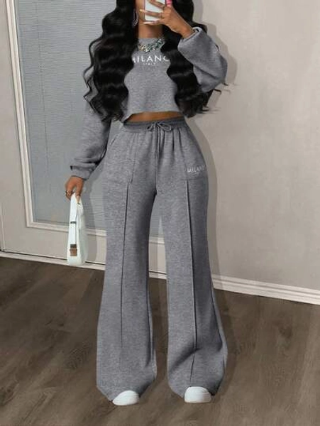 Slaydiva 2025 New Autumn And Winter Casual Street Sports Daily Dating Sportswear Simple Basic Style Round Neck Drop Shoulder Loose Cropped Long-Sleeved Sweater Top + Wide-Leg Pants Straight Pants Pocket Decora