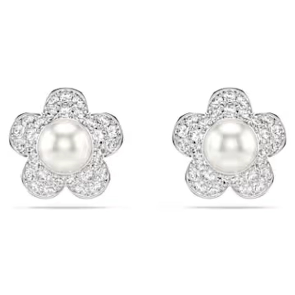 Ariana Grande x Swarovski stud earrings, Crystal Pearl, Round cut, Flower, White, Rhodium plated