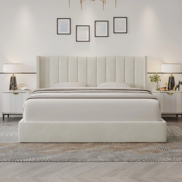 Mercer41 Raimi Upholstered High Headboard Storage Bed w/Hydraulic Gas Lift, Wood Slat System & Under Bed Storage - Wayfair Canada