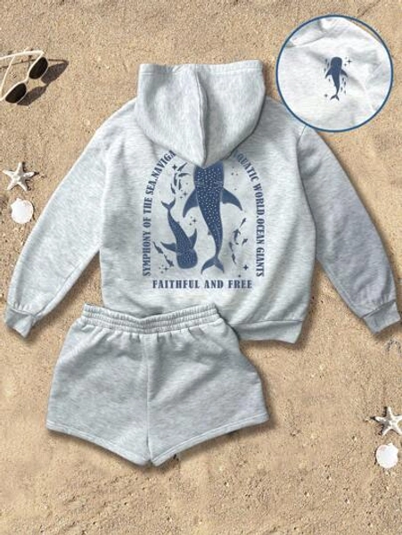 Attitoon Attitoon Slogan Graphic Pocket Hoodie & Shorts Beach Vacation Outfits, Women Hoodie And Shorts Set, Whale Shark Hoodie, Gray Hoodie And Shorts Set, Casual Minimalist Printed Loose Cropped Hoodie With Matching Shorts Set, Suitable For Autumn And Winter, Vintage, Y2K, Streetwear Whale Shark Hoodie And Shorts Set Casual Wear Set Women Hoodie And Shorts Set