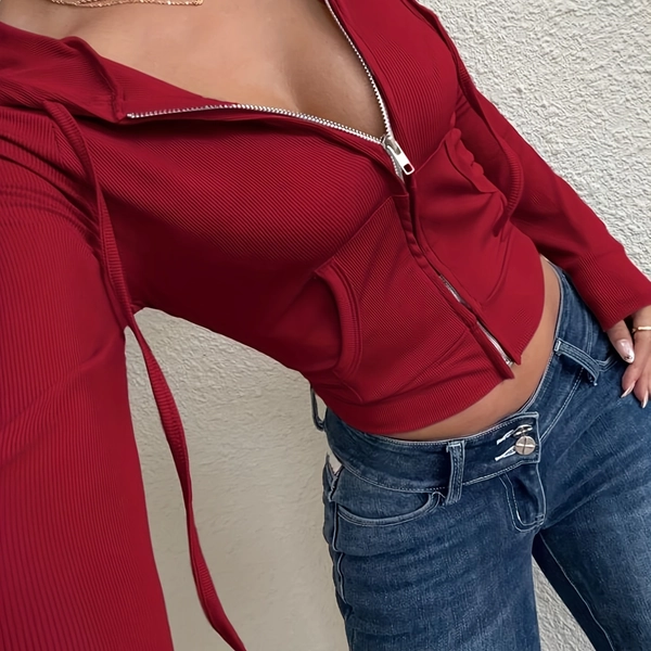 Women'S Plus Size Red Hoodie with Large Pockets - Casual Zip-Up Hooded Sweatshirt, Long Sleeve, Drawstring, Medium Stretch Fabric, Spring/Fall Fashion, Casual Wear Hoodie | Relaxed Fit Hoodie | Medium Stretch Fabric