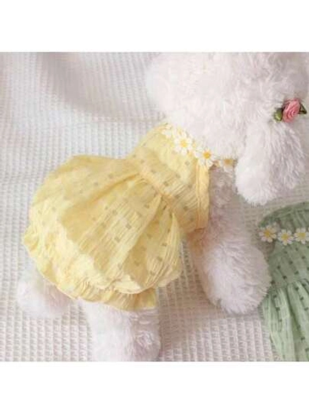 Cute Daisy Dress Pet Cat Clothes, Spring/Summer New Arrival, Green, Yellow - Size L