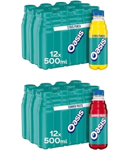 Oasis Variety Citrus Punch 500ml x 12 and Summer Fruits 500ml x 12. In total 24 bottles.