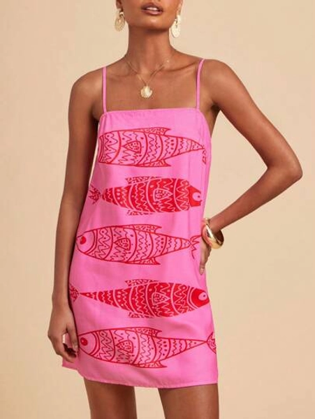 Travachic Spring/Summer Vacation,Sleeveless Printed Woven Mini Dress For Women,Boho Beach Wear Women's Spring And Summer Fashion Vacation Tropical Multi-Ugly Fish Print Casual And Comfortable Brunch Outfits For Women,Ocean Print,Summer Sun Dress,Mother's Day,Mother And Daughter Dress.Retro Sardine Fish Print,Bohemian Clothes