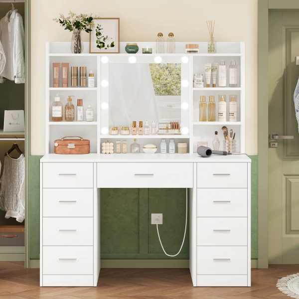 Makeup Vanity Table With 3-color Led Lights Mirror, Vanity Table With 9 Drawers And 7 Storage Shelves, Vanity Desk For Bedroom Dressing Room, White