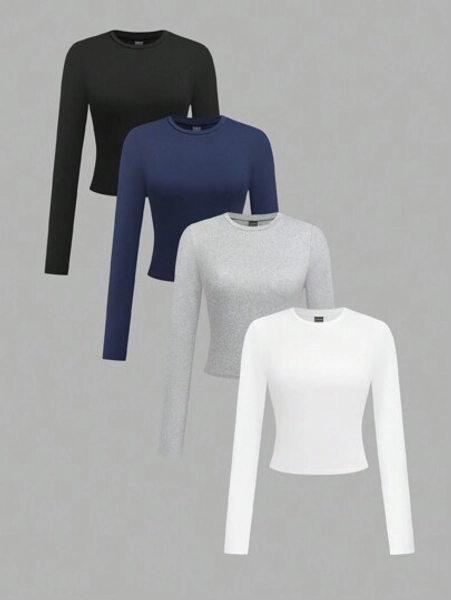 Chiquease 4pcs/Set Women Casual Solid Color Round Neck Long Sleeve Short Crop Top Tee, Autumn & Winter Fall Cloth For Women
