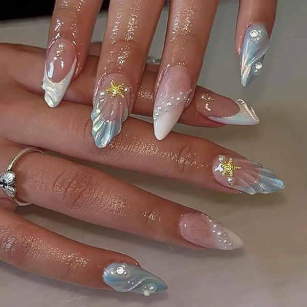 RUOKEXIN Almond Press on Nails Medium Fake Nails Blue White French Tip False Nails with 3D Shell Star Designs White Ombre Nail Press ons Glossy Stick on Nail for Women 24Pcs