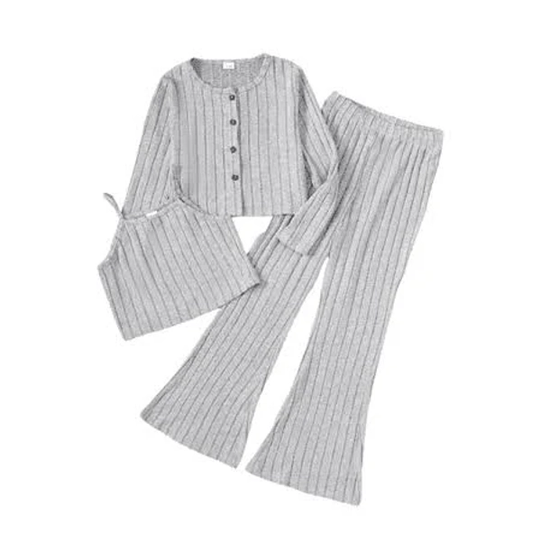 Mikrdoo Girls 3Pcs Rib Knitted Vest & Flared Trousers Set