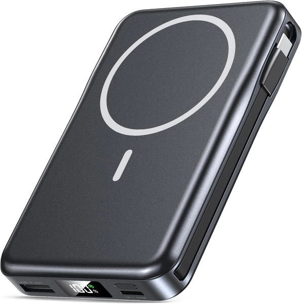Magnetic Portable Charger, 10000mAh Power Bank, 5 in 1 Portable Charger with Built in Cable, 20W Fast Charging for Magsafe Battery Pack Compatible with iPhone 17/16/15/14/13/12 Pro/Pro Max Series Black
