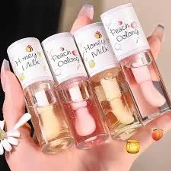 4Pcs Hydrating Clear Lip Oil,Crystal Jelly Honey Lip Gloss with Big Brush,Long Lasting Nourishing Lip Care Lip Glow Oil,Moisturizing Tinted Lip Balm,