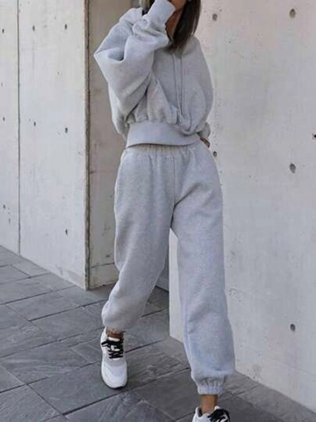 Women's Hooded Sportswear Set - Polyester Cotton Warm Jogging Pants And Adjustable Hooded Sweatshirt In Solid Colors For Autumn And Winter Casual Home Outings