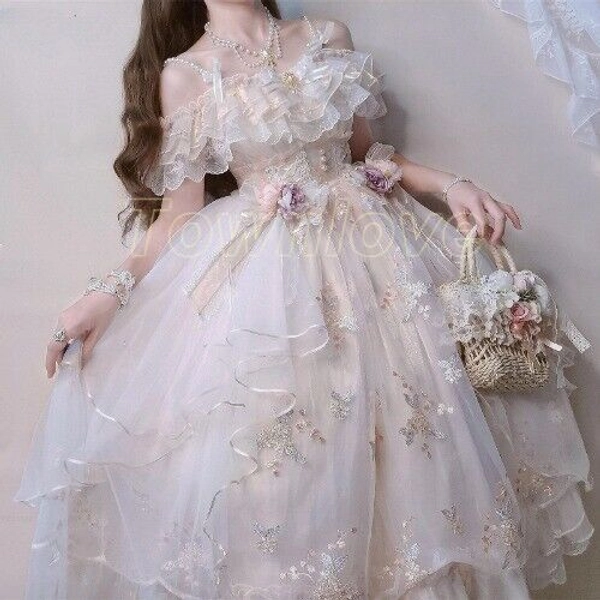Retro Lolita Dress Women Sweet Lace Floral Embroidery Princess Dresses Party
