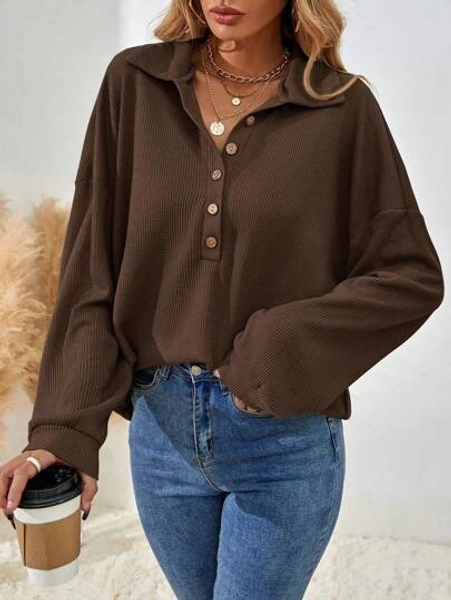 EMERY ROSE Women's Solid Color Drop Shoulder Long Sleeve Button Half Placket Loose Casual T-Shirt