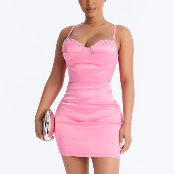 Fashion Nova Sleeveless Sweetheart Rhinestone Trim Satin Mini Dress