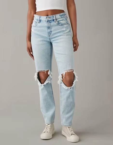 AE Stretch Super High-Waisted Ripped Ankle Straight Jean
