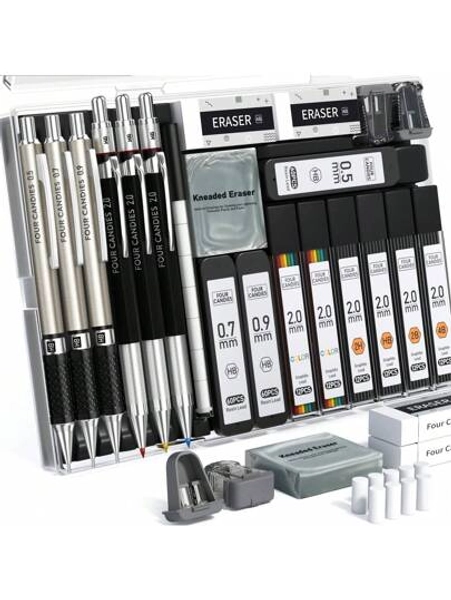 25PCS Art Mechanical Pencil Set With Case, 3PCS Metal Artist Lead Pencil 0.5, 0.7, 0.9 Mm & 3PCS 2mm Lead Holder(HB 2H 2B 4B Color) With 432PCS Graphite Lead Refills For Drawing Sketching