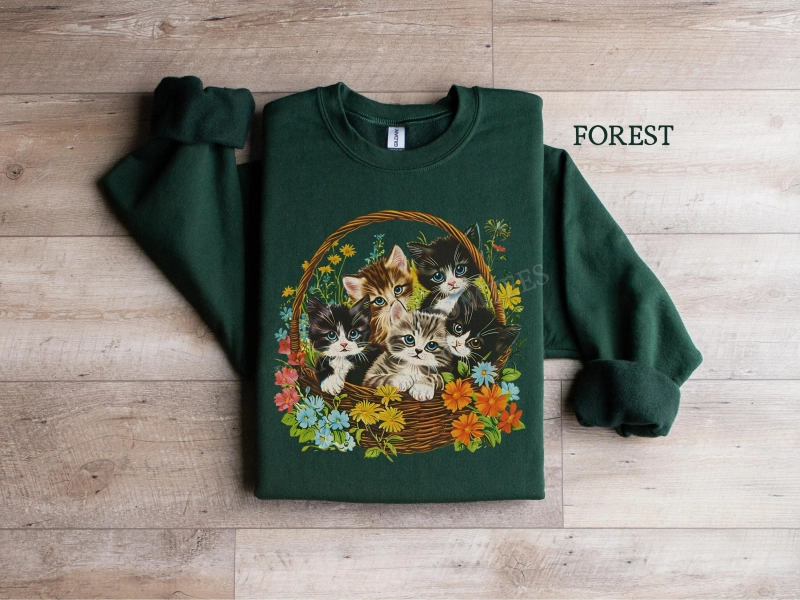 Fav Cute Vintage 90s Cat Cottagecore Sweatshirt, Floral Cat Sweatshirt, Vintage Wildflower Sweater, Cat Lover Gift, Flora Lover Sweatshirt