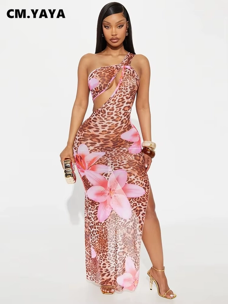 CM.YAYA Women Floral Leopsrd Printed Sleeveless High Side Split Long Maxi Dress 2025 Skew Collar Sexy Birthday Party Dresses - AliExpress 200000345