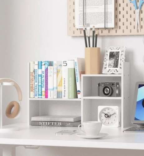 Adjustable Wood Desktop Shelf Organizer Office Storage Rack for Home 13 x 6.8 x 15 inches White