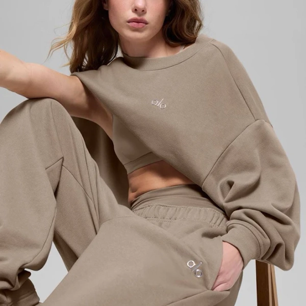 ALO | Accolade Crewneck Neck Pullover Top in Gravel Beige, Size: 2XS