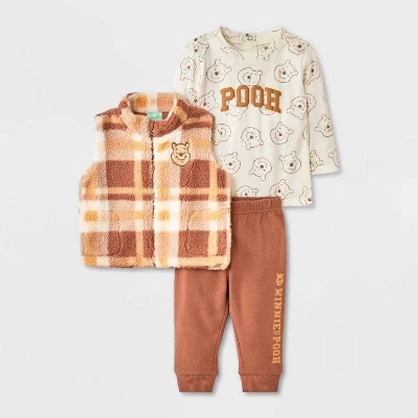 Baby Boys' 3pc Disney Winnie The Pooh Long Sleeve Shirt with Cozy Zip-Up Vest & Bottom Set - Brown 12M