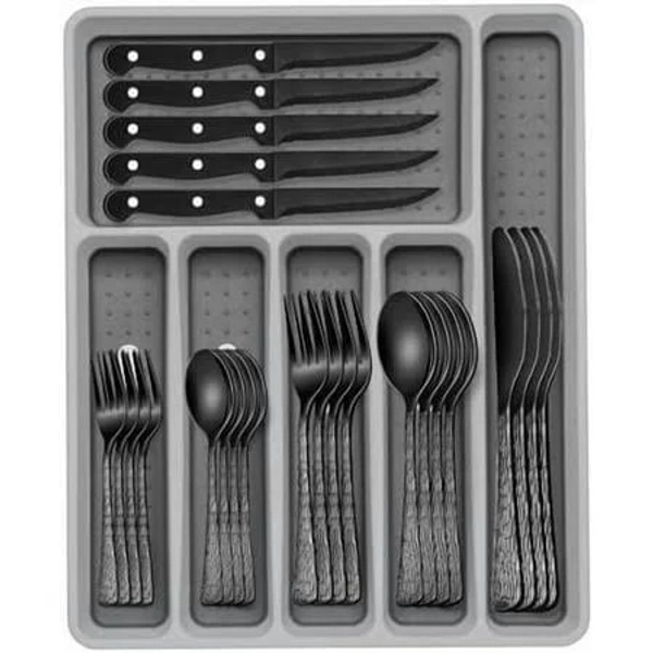 49-piece Black Silverware Set with Organizer, Food-Grade Stainless Steel Black Flatware for 8, Cutlery Utensil Sets with Steak Knives, Rust-proof,