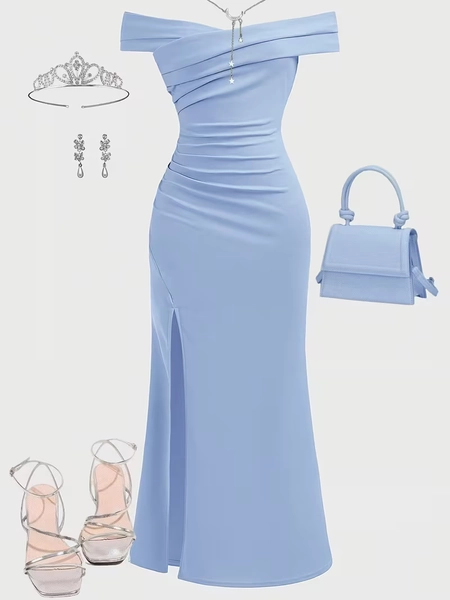 shoulder pleated elegant cross hem slit mermaid dress teen - Temu