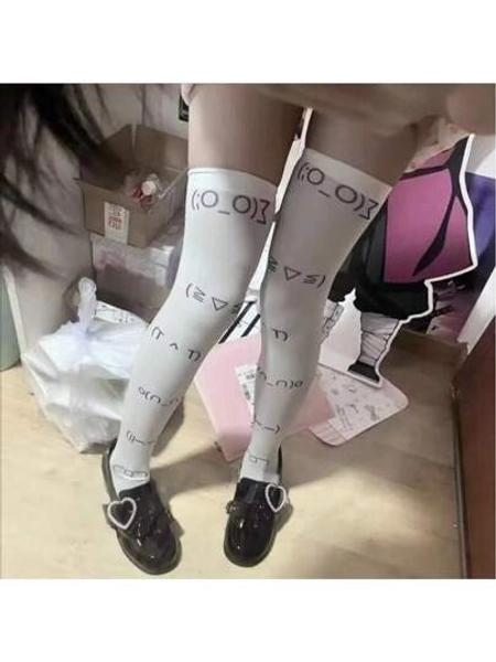 White Graffiti Letter Print Long Socks Harajuku Over Knee Thigh High Stockings Y2K Cosplay Cute Socks Kawaii