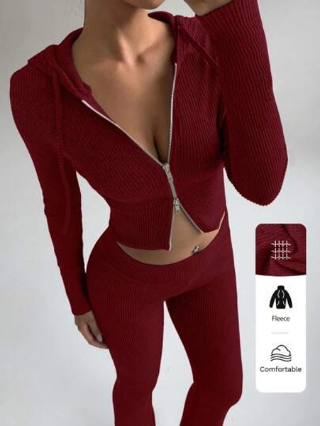 FavEase 2pcs Apricot Fleece Ribbed Texture Zip-Up Cropped Hoodie And Retro Flare Leg Pants Set, Minimalist Casual Sportswear Wardrobe Essentials For Women, Spring/Autumn Fall Cloth For Women