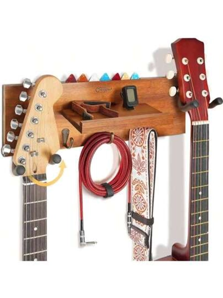SNIGJAT Guitar Wall Mount With Rotatable Hook, Wood Guitar Hanger With Shelf And Pick Holder, Wall Stand Rack For Acoustic, Electric, Bass